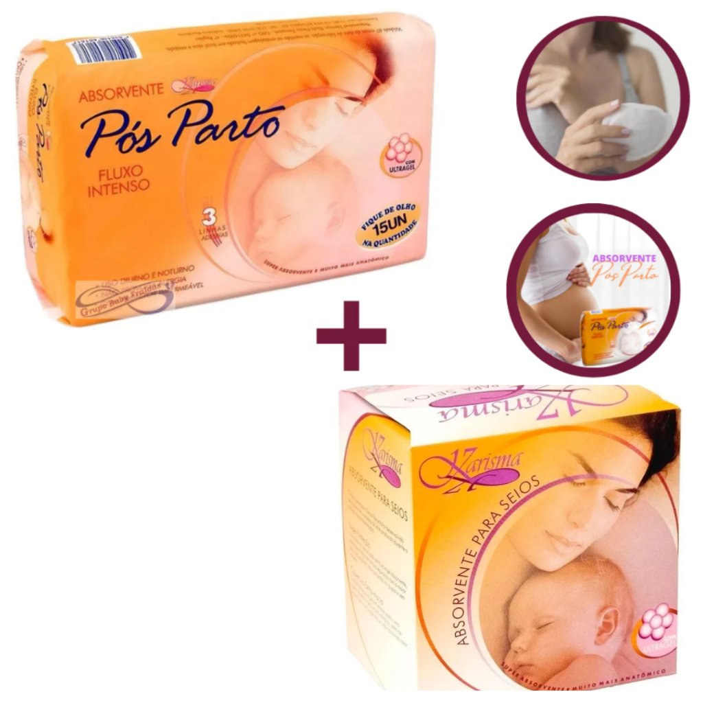 Kit Absorvente Pós Parto 15 Unidades + Protetor Para Seios Karisma 12 Unidades Gravidez Maternidade