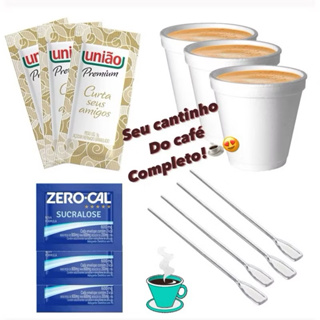 KIT CAFÉ - 325 UNIDADES - 100 SACHE DE AÇUCAR - 100 SACHE DE ADOÇANTE ZERO CAL - 100 PALETAS PARA MEXER CAFÉ - 25 COPOS em Oferta na Shopee