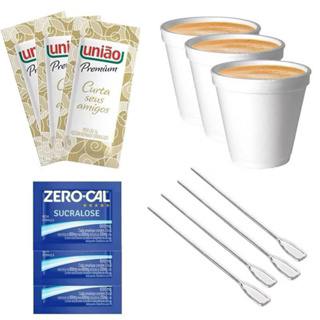 KIT CAFÉ - 320 UNIDADES - 100 SACHE DE AÇUCAR - 100 SACHE DE ADOÇANTE ZERO CAL - 100 PALETAS- 20 COPOS TERMICOS DE 59ML em Oferta na Shopee