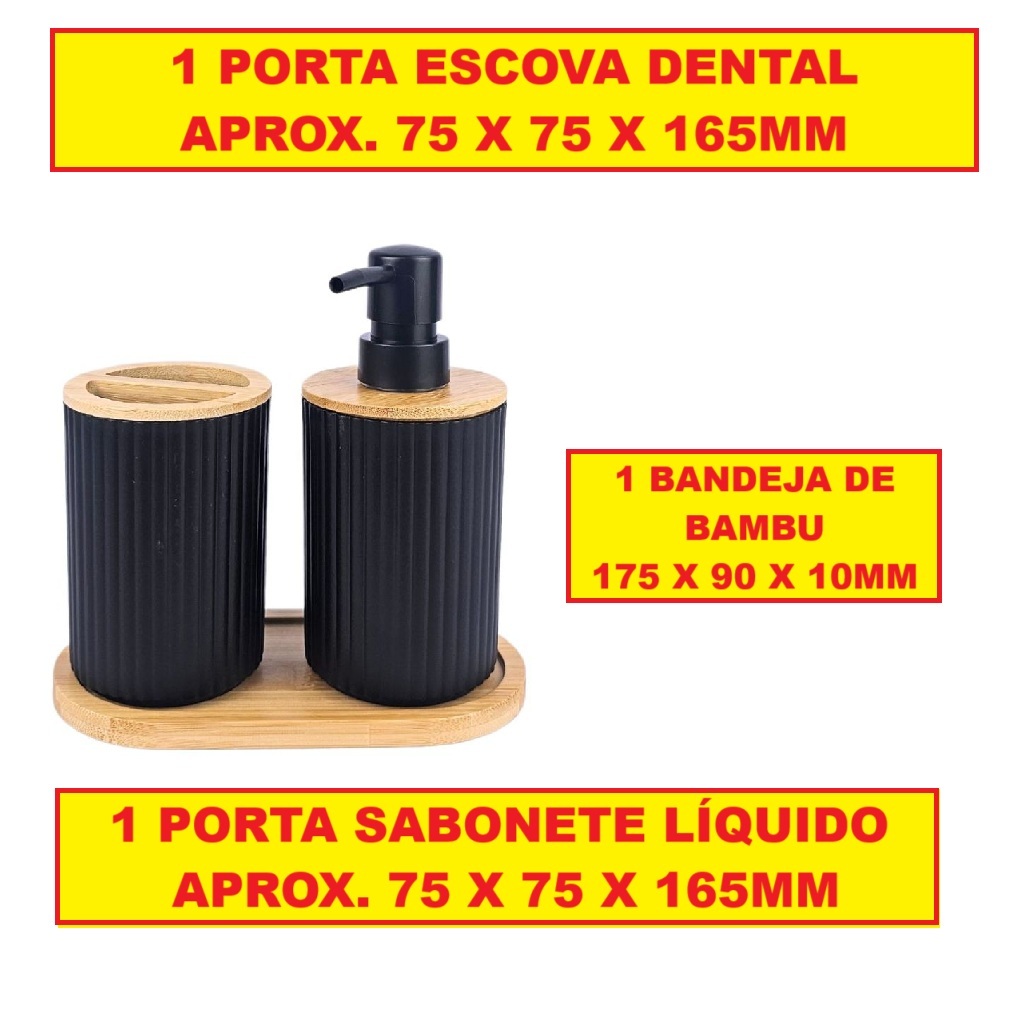 Kit Lavabo 3 Peças 1 Porta Escova Dental 1 Porta Sabonete Líquido E 1 Bandeja De Bambu Preto Branco