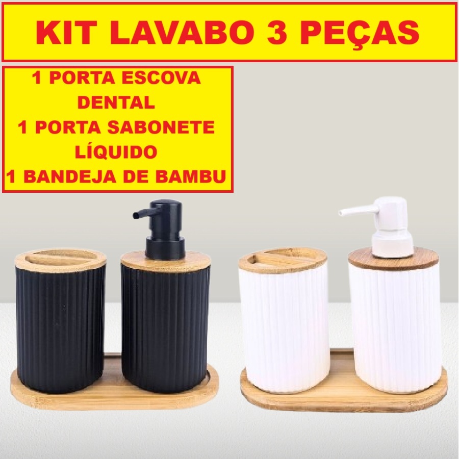 Kit Lavabo 3 Peças 1 Porta Escova Dental 1 Porta Sabonete Líquido E 1 Bandeja De Bambu Pre...