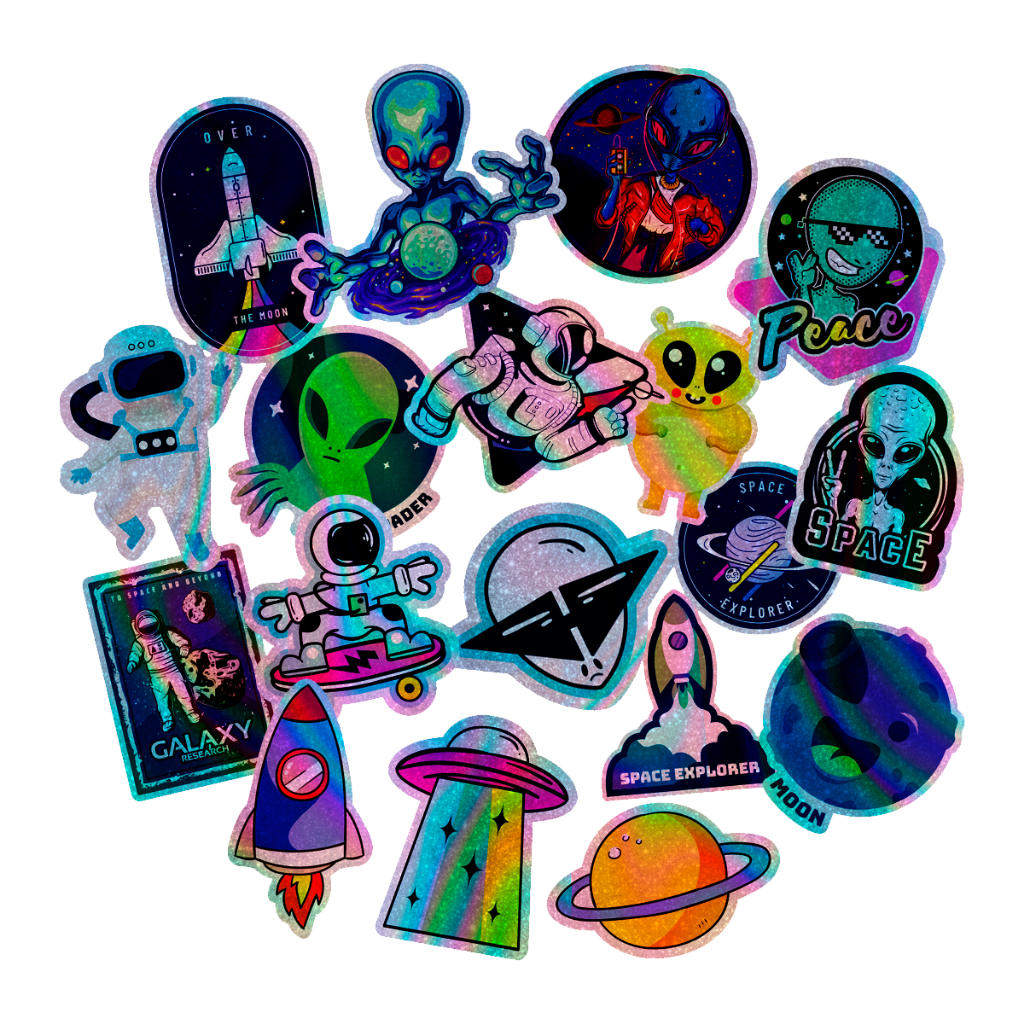 Adesivos Premium Holográfico Space Alien Astronauta Lua Et Geek Nerd