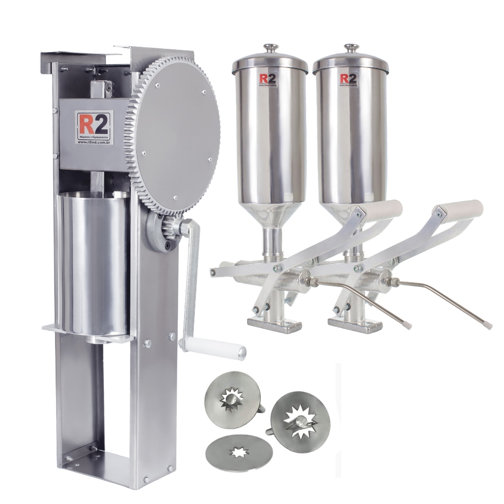 Kit Masseira Máquina Modeladora de Churros Engrenagem + Estrela Espanhol + Estrela Palito + 2 Doceiras Recheadeira 2L R2