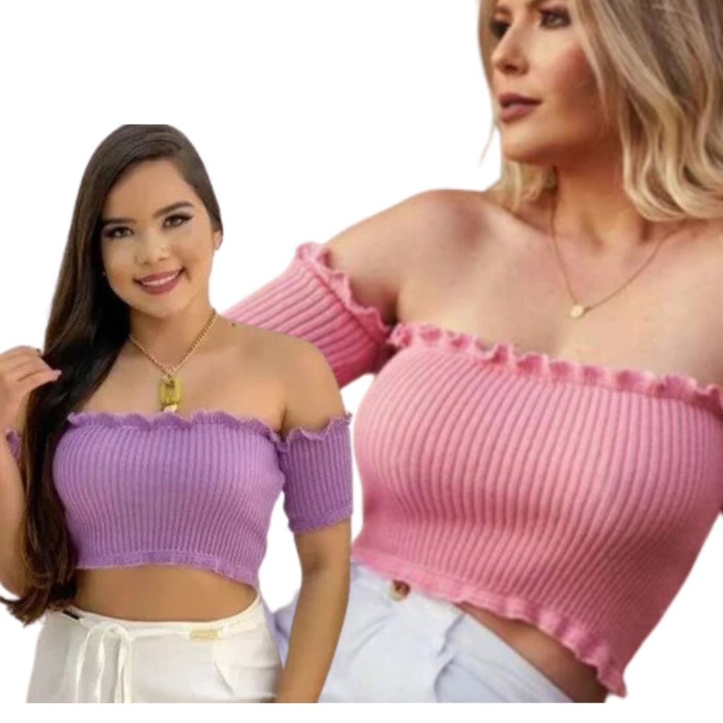 Cropped Feminino Tricot Canelado Básico Ciganinha Verão Confortável Versátil Estiloso Estiloso Da Moda