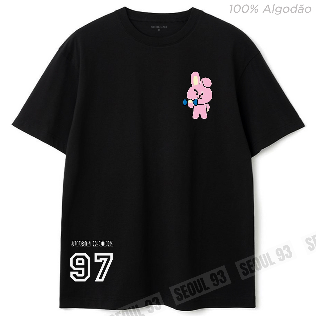 Camiseta BT21 Cooky BTS Jeon Jungkook 100% Algodão Blusa Oversized Streetwear Tamanhos do Adulto ao Infantil Army Bts