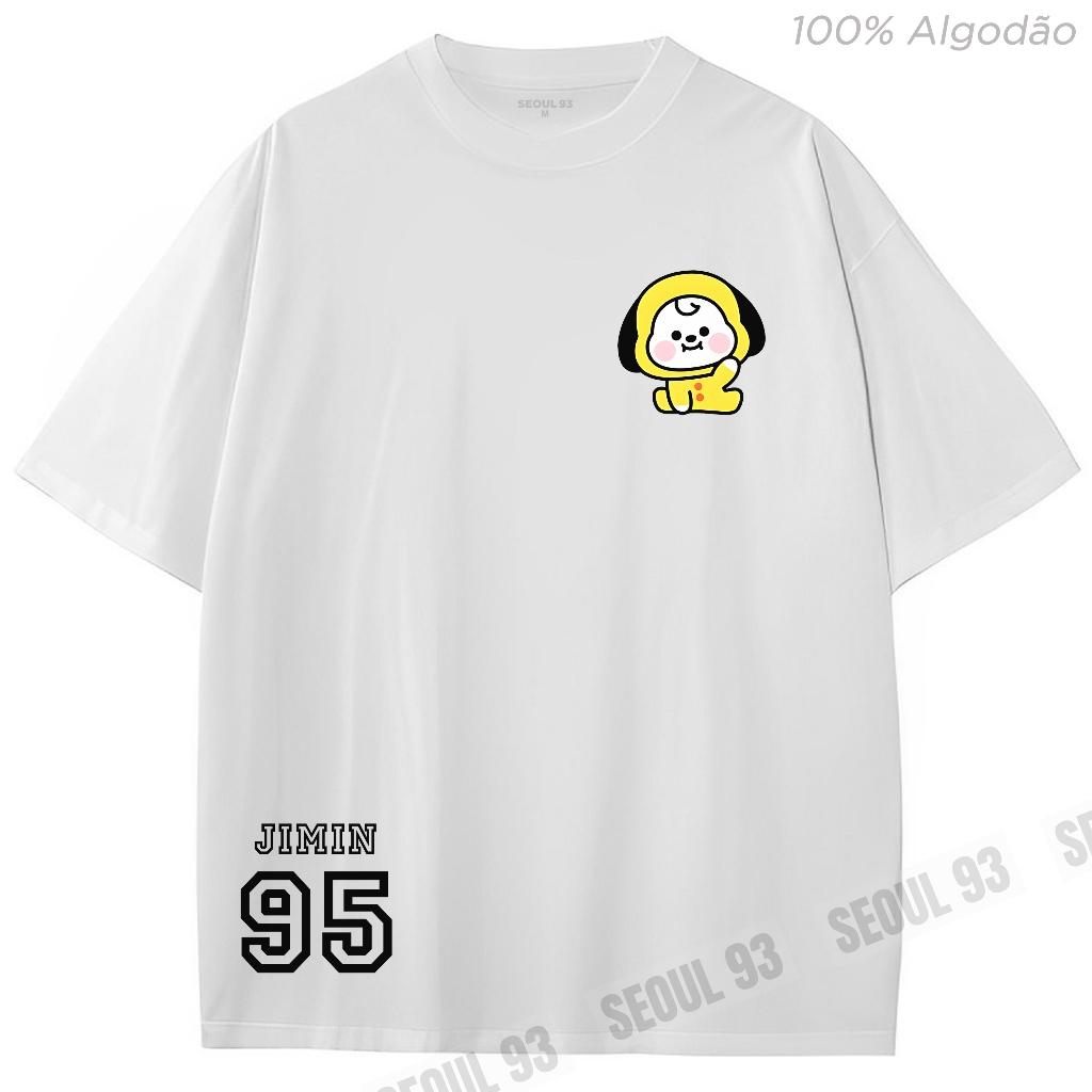 Camiseta BT21 Chimmy BTS Jimin 100% Algodão Blusa Oversized Streetwear Tamanhos do Adulto ao Infantil Army Bts