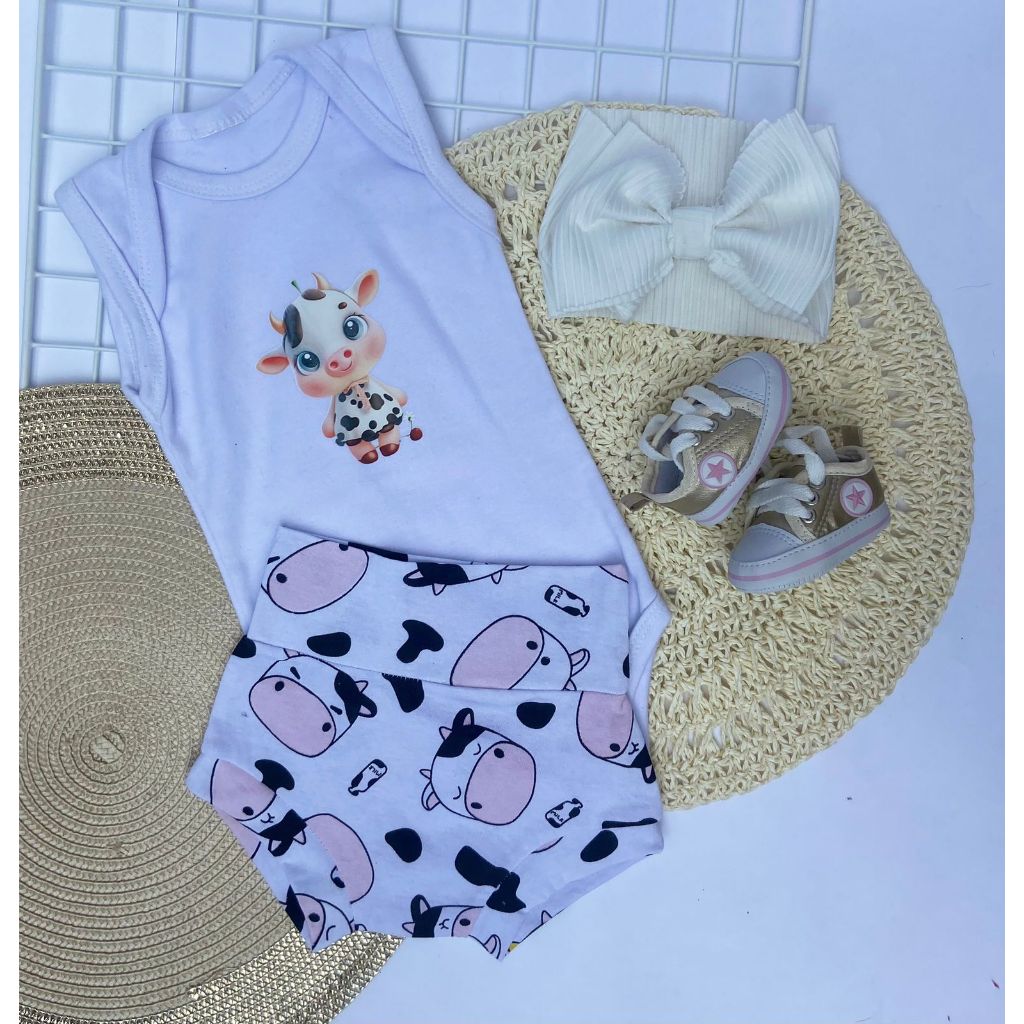 Conjunto Body e Tapa Fralda Bebê Canelado Vaquinha Branco e Rosa