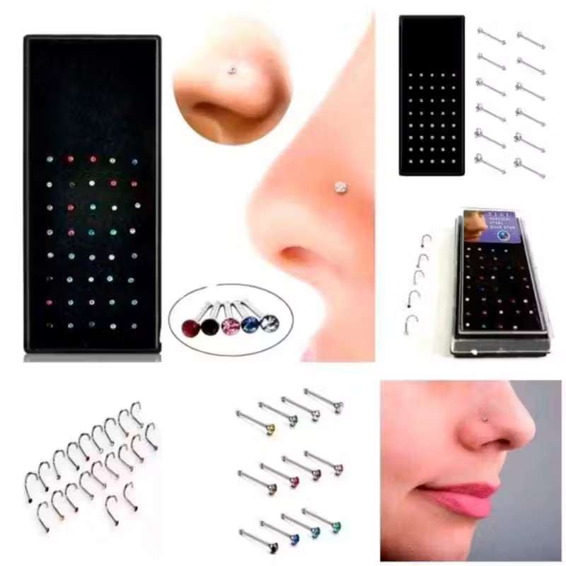 Kit 80 Piercing de Nariz Argolinha /Reto /Curvo Aco Cirugiico Com Pedra de Strass