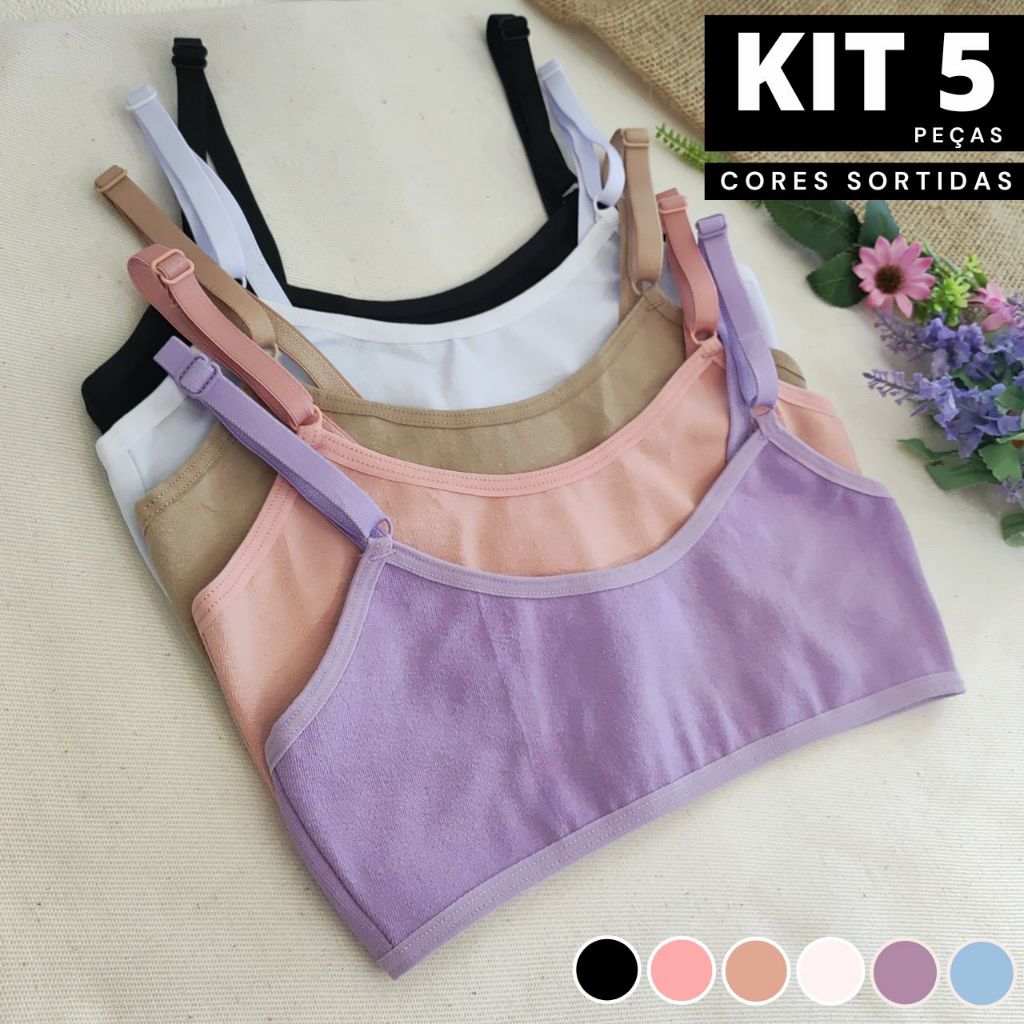 Kit 5 Sutiã Algodão Infantil Juvenil Menina Moça Maya Sem Bojo Liso Básico Usar c/ Uniforme Promoção