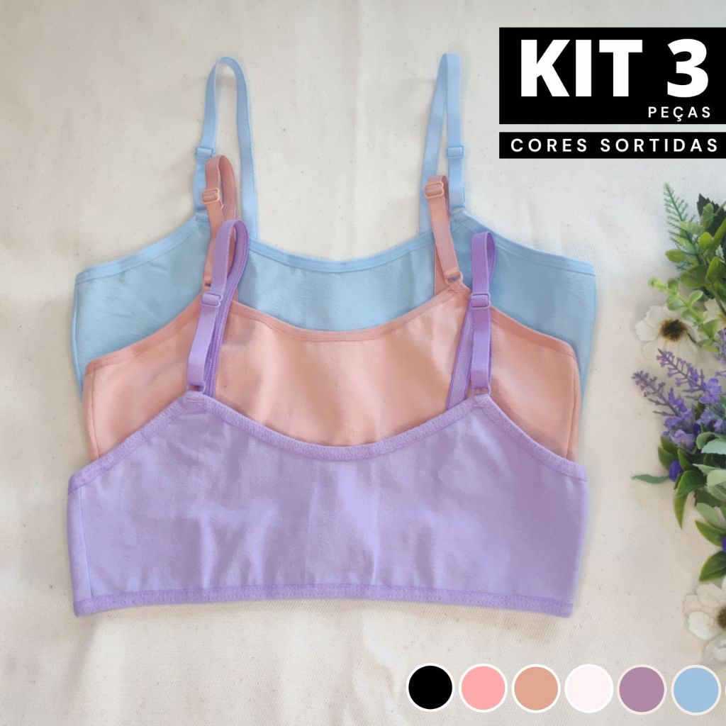 Kit 3 Sutiã Infantil Juvenil Maya Liso Sem Bojo Usar de baixo Uniforme Colegial Algodão Menina Moça