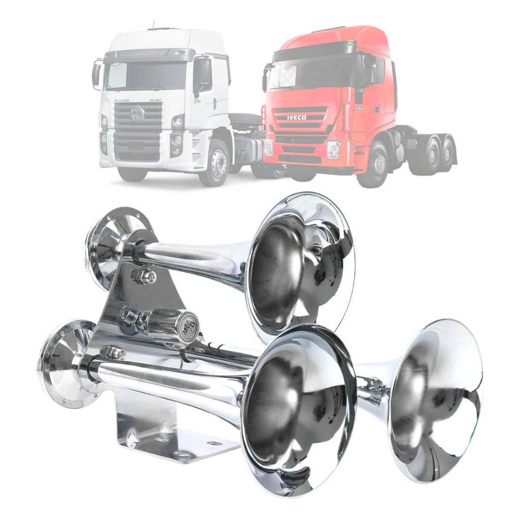 Buzina de Trem 3 Cornetas Eletropneumática Caminhão Metal Cromada 12v 24v Potente em Oferta na Shopee