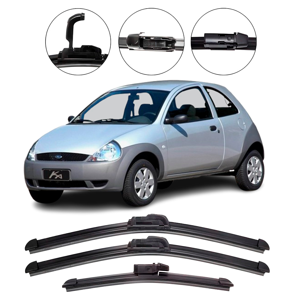 Kit de 3 Palhetas Limpador de Parabrisa Dianteiro + traseiro para Ford Ka 2002 até 2009