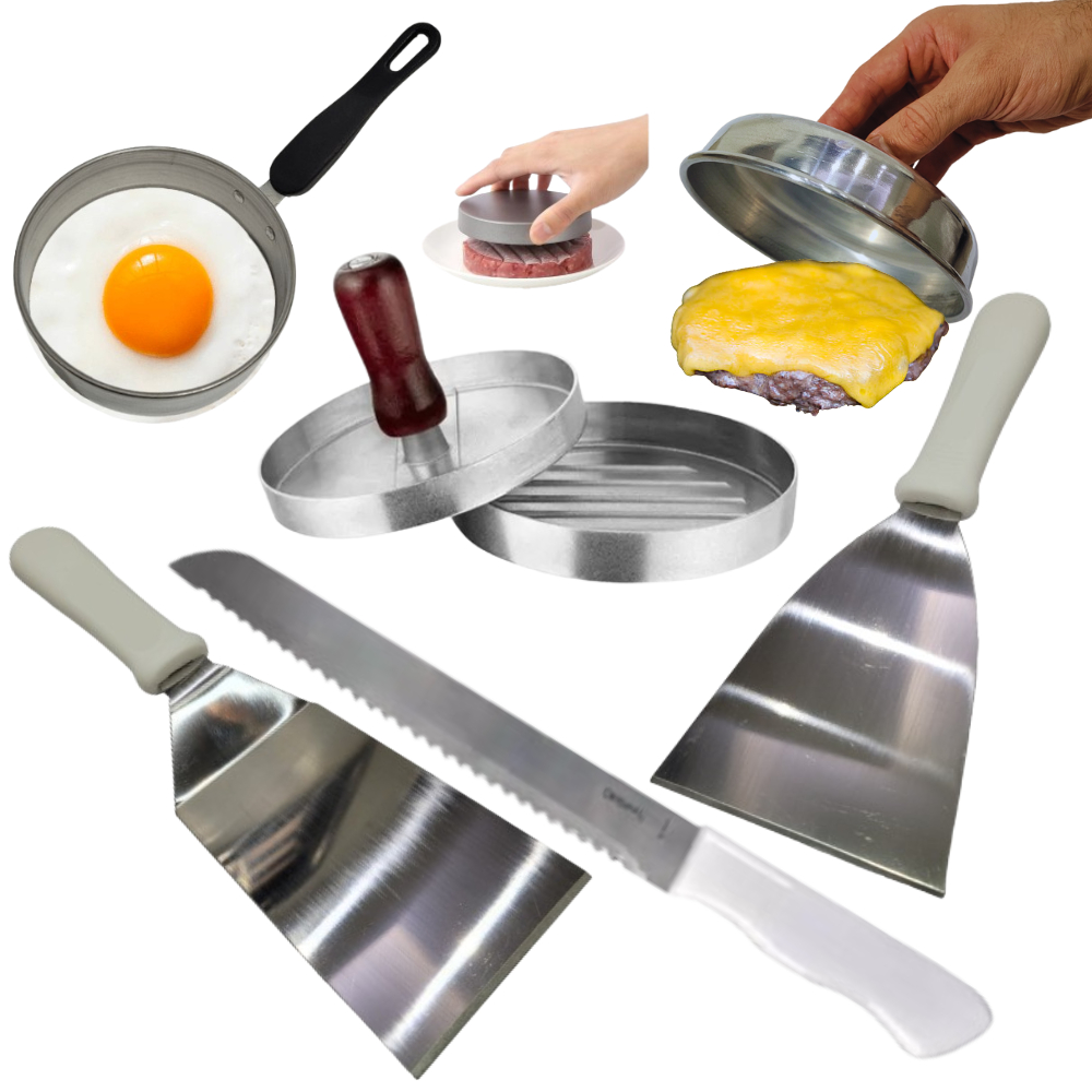 Kit Hamburgueria Completo Modelador de Hambúrguer Molde Ovo Abafador Espátulas Faca Serrilhada Inox em Oferta na Shopee