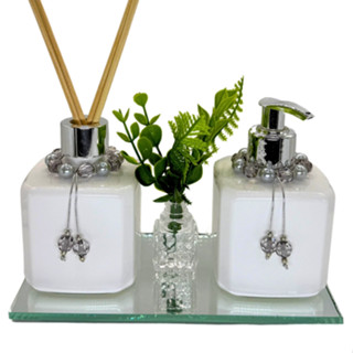 Kit Lavabo Plástico LUXO Cubo BRANCO Saboneteira e Difusor com Bandeja em Oferta na Shopee