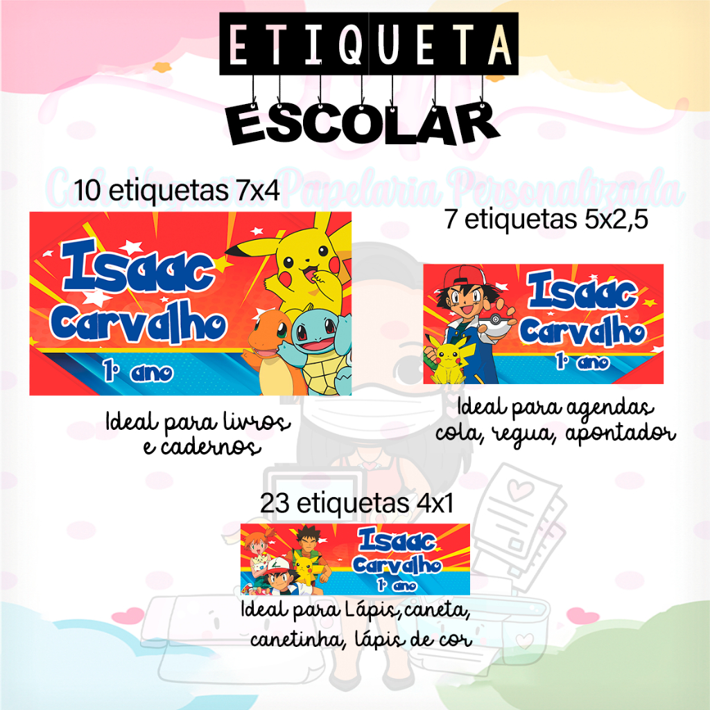 Etiqueta Material Escolar Pokemon: Onde Comprar | BuscaProdutos