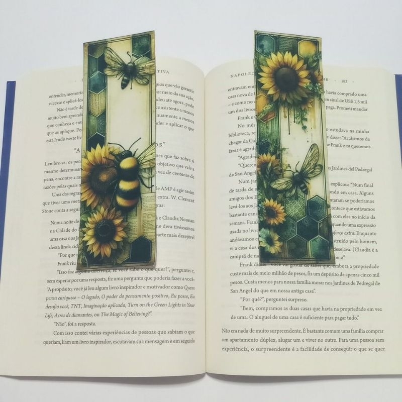 Kit Marca página de abelha e folha de livros envelhecido, girassol, livros