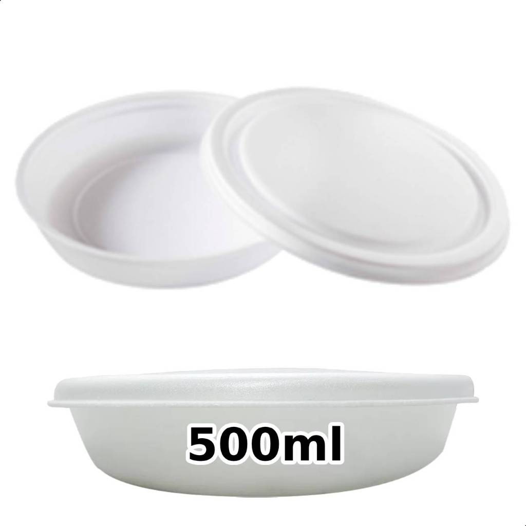 Marmitex redondo branco de isopor 500ml N5 marmita quentinha com tampa térmico 10 15 20 25 unidades
