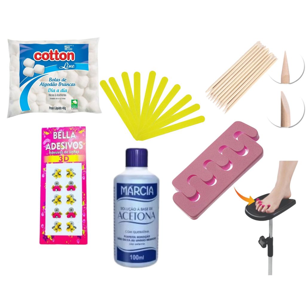 KIT MANICURE 1 ACETONA DE 100 ML1 ALGODÃO 50G + 10 LIXAS,10 PALITOS 1 CARTELA 3D E 1 SEPARADOR EVA