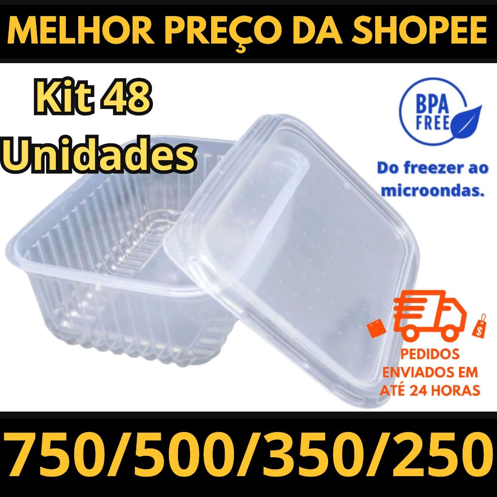Kit 48 Pote Marmita Rentagular Plastico 500 ml 400 ml 250 ml 750 ml Comida Fitness em Oferta na Shopee