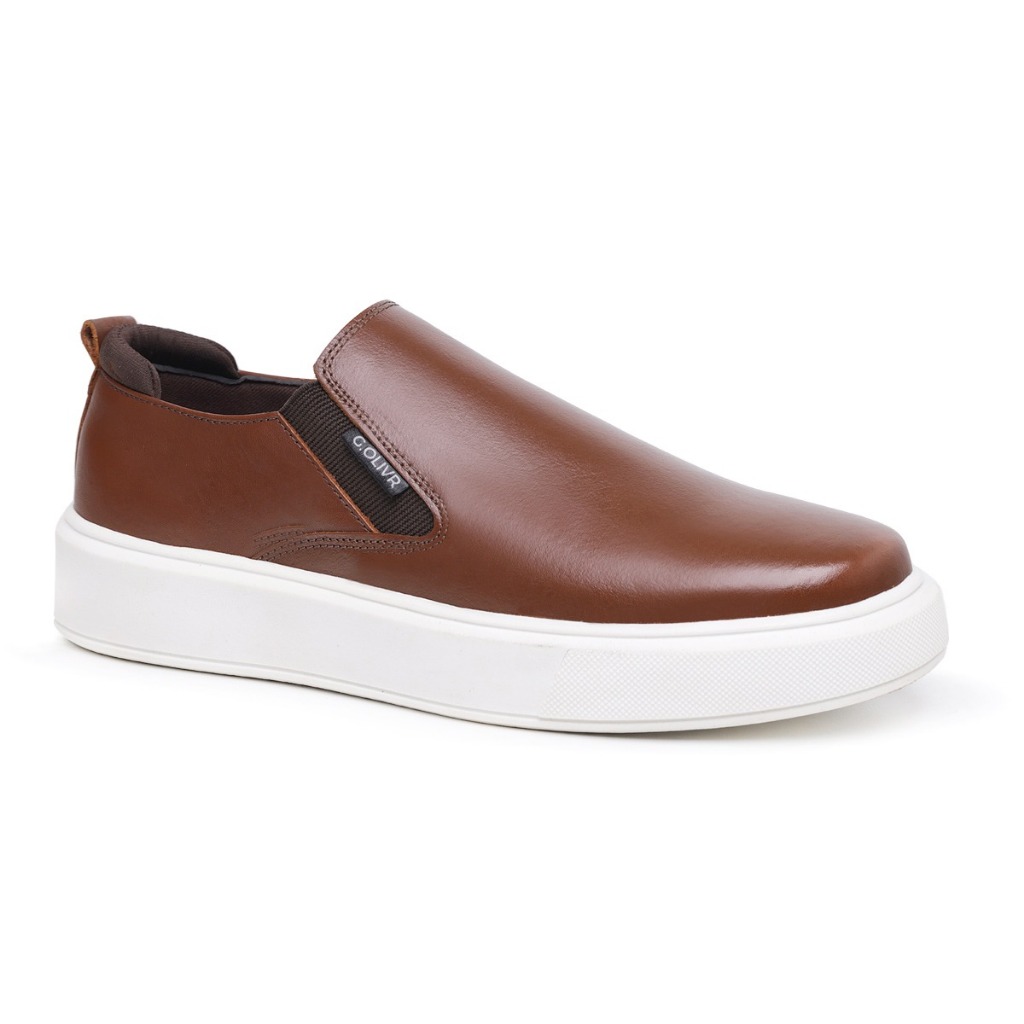 Sapatênis Casual Iate Elástico Couro Legítimo Palmilha Gel Slip On Sola Alta