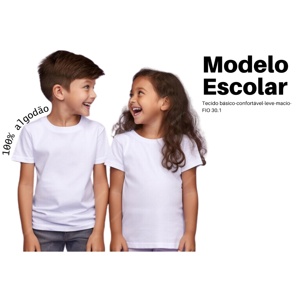 1 Camiseta Manga Curta Infantil Branca Lisa 100% Algodão Blusa Básica Ano Novo, Natal, Escola, dia a dia