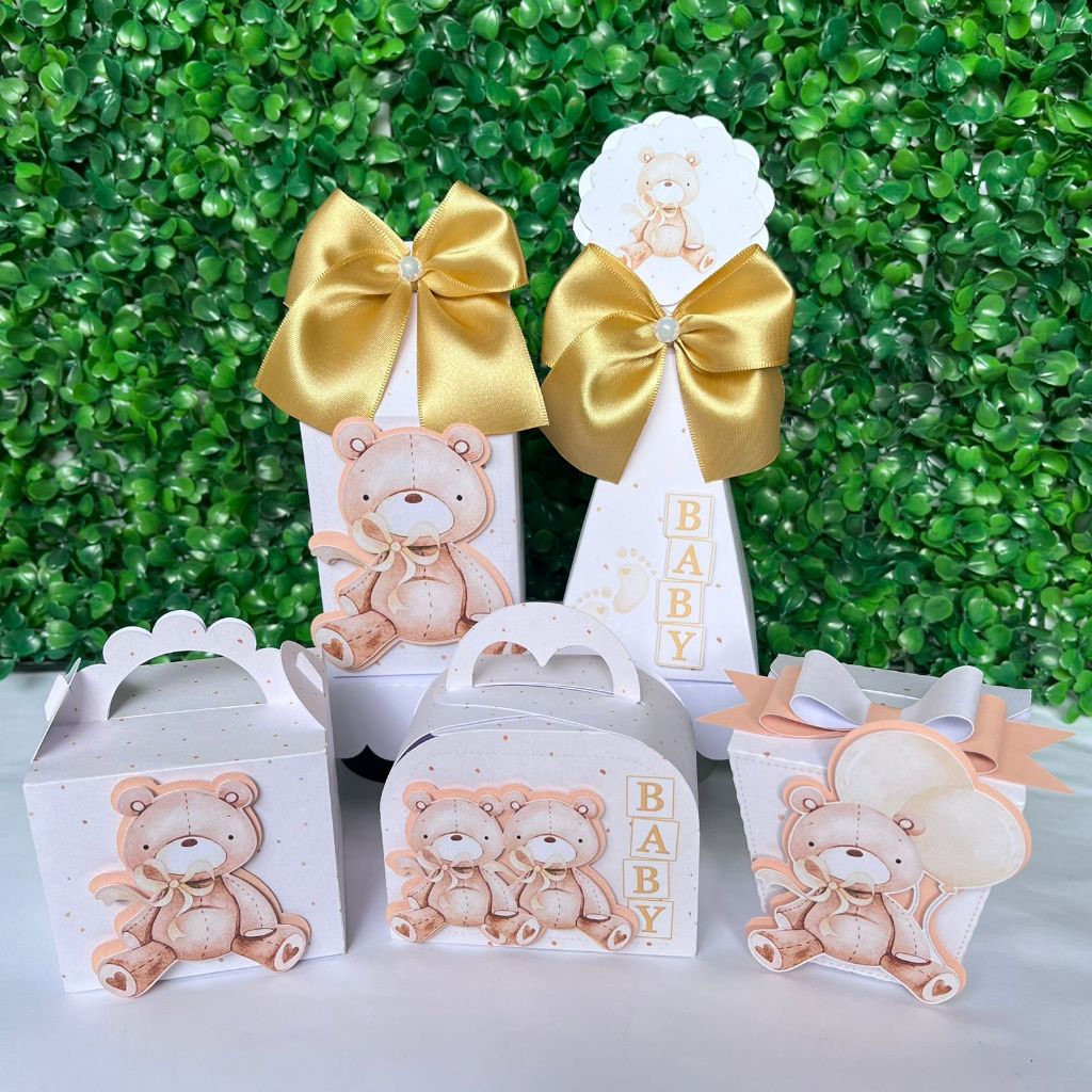 Kit Festa Chá de Bebê | Chá Revelação | Ursinhos | Dourado | Personalizados | Lembrancinhas | Festa infantil |Caixinhas