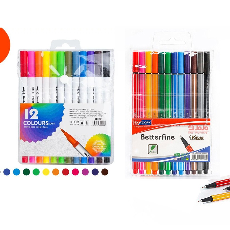 Kit 12 Caneta Hidrográfica + Kit 12 Brush Caneta Pen Duas Pontas Dupla Pincel Fineliner