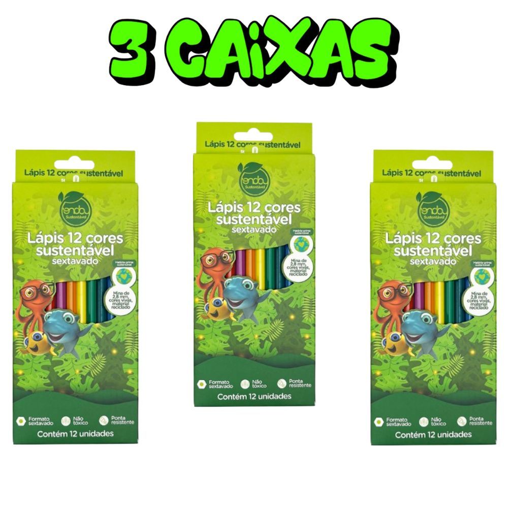 KIT 3 Caixa Lápis De Cor 12 Cores Grande Sextavado em Oferta na Shopee