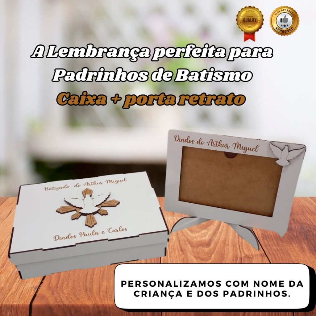 Caixa + Porta Retrato Lembrancinha Batizado Padrinhos Padrinho Madrinha Batismo Personalizado com o NOME