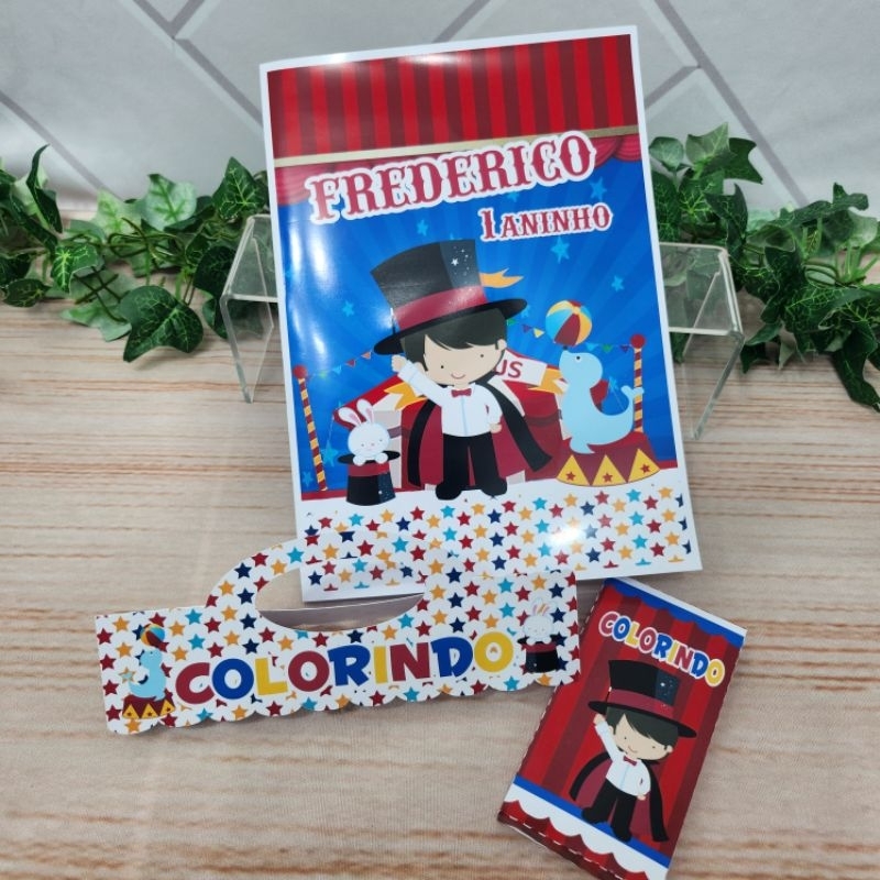 Kit Colorir Circo Menino Personalizado | Lembrancinha Festa Infantil | Livrinho + Giz de Cera | Qualquer Tema