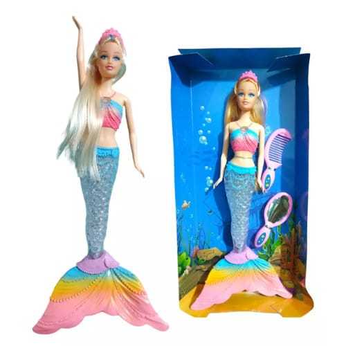 Boneca de sereia tipo Barbie princesa com luz e som, com coroa, espelho e pente, cauda brilhante, brinquedo musical.