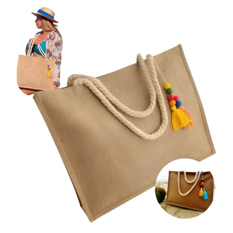 Bolsa De Praia Palha Feminina Com Zíper De Ombro Sacola Ecobag Tote Juta natural bolsa ecológica moda🪅