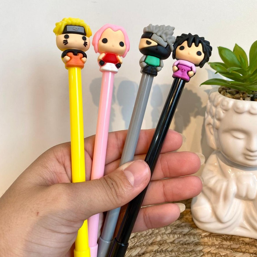 Caneta Kawaii Naruto/Stitch Criativa Enfeitada Ponta Fina Tinta Preta Anime