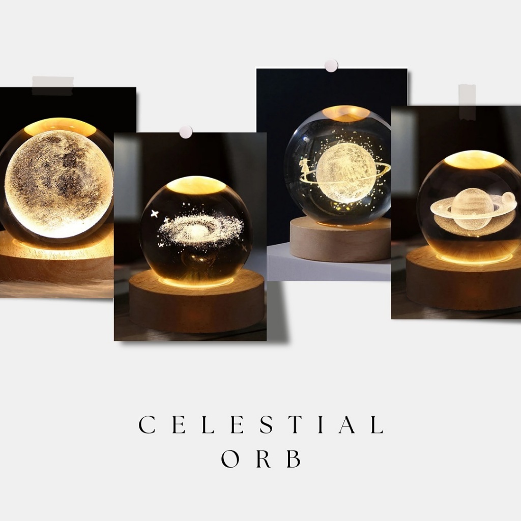 Luminária Decorativa de Mesa Globo LED Bola de Cristal 3D USB Vidro Base Madeira Abajur Presente 8CM