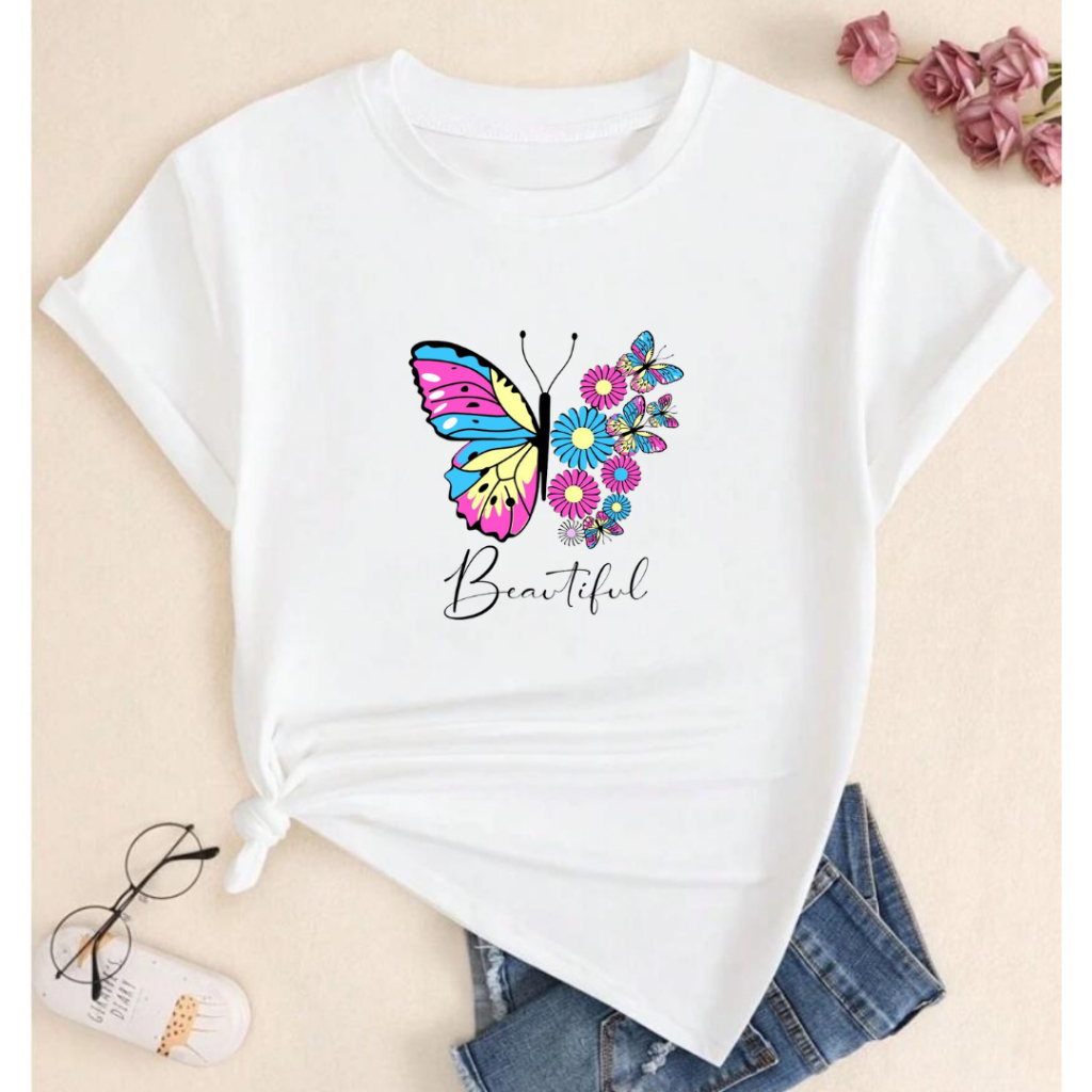 Blusa Camiseta Feminina Estampa Borboleta Delicada Algodão Premium Manga Curta Primavera Verão