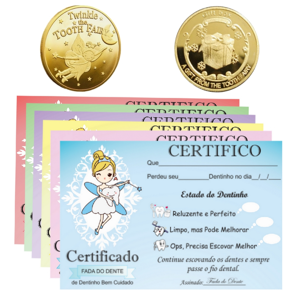 1 Moeda Fada Do Dente Leite Tooth Fairy + 1 Certificado Dentinho Bebe Baby Dourado Ouro mod01