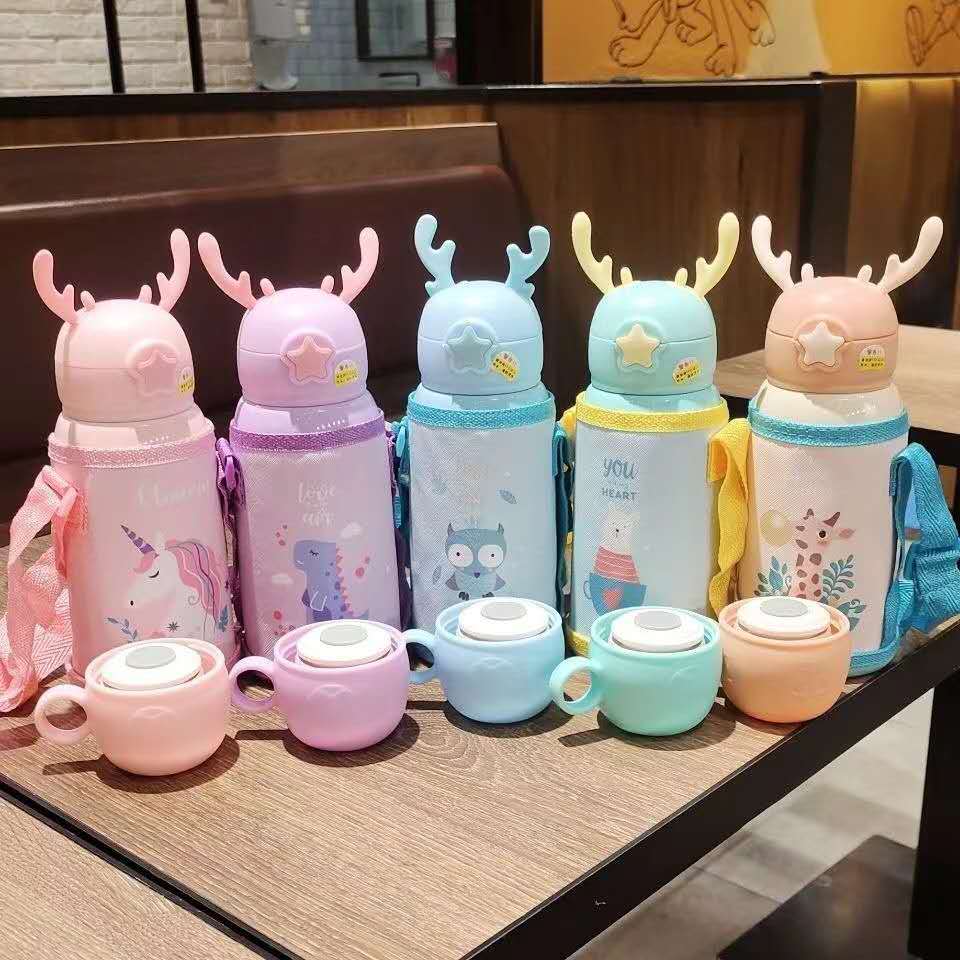 Garrafa Térmica Infantil moda 500 ml Aço Inox Com Alça capa bolsa  , tampa com Canudo e tampa Caneca