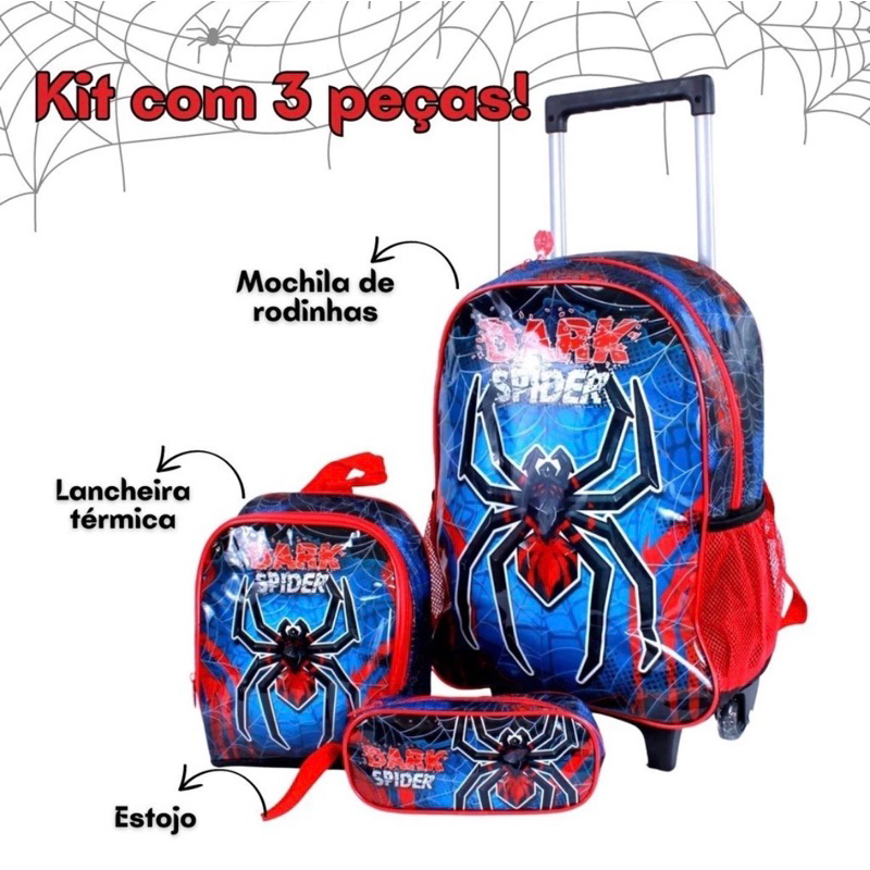kit mochila bolsa escolar com carrinho lancheira e estojo masculina dark spider aranha grande rodinhas