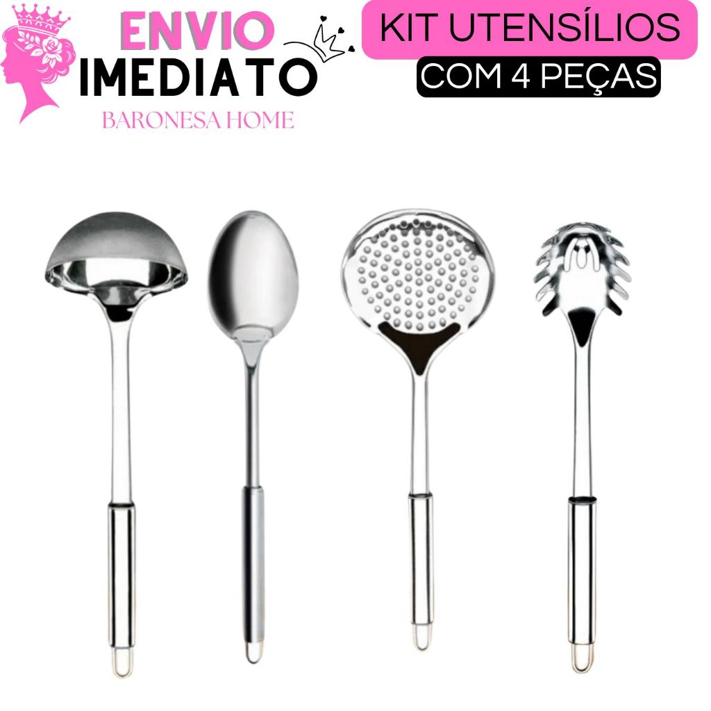 Kit 4 Utensílios De Cozinha Escumadeira Concha de Feijão Colher de Arroz Concha de Massas 100% De Aço Inox