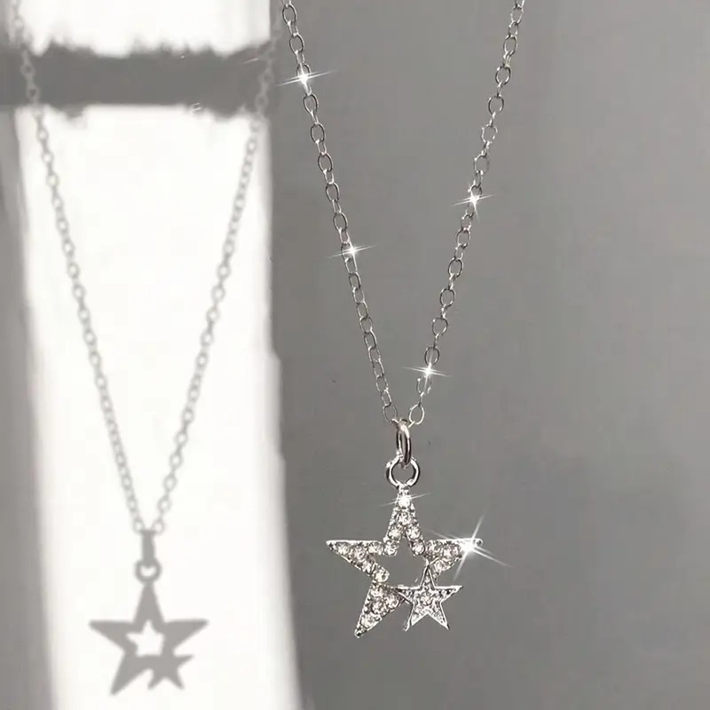 Colar Estrela Brilhante Strass Pingente Star Y2k Estrela Dupla Kawaii Fofo Aesthetic Corrente Aço Inoxidável Presente em Oferta na Shopee