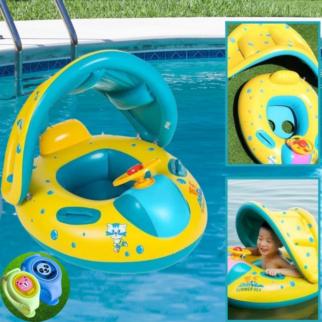 Boia infantil bebe bote Carrinho com cobertura  inflável volante proteção uv acompanha 1 pulseira repelente