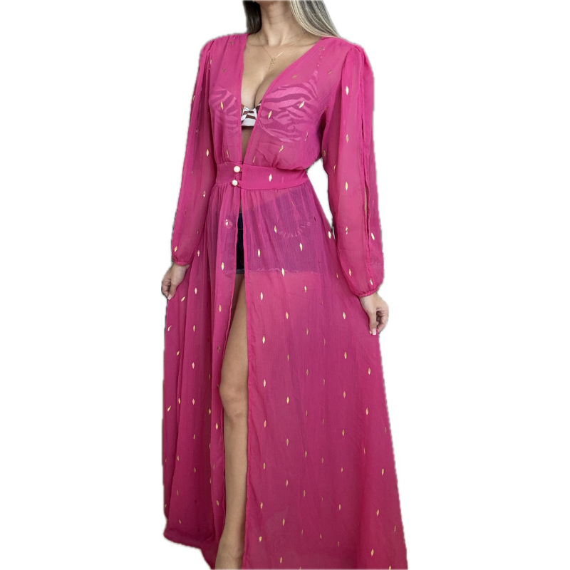 Saída De Praia Longa Em Chiffon Seda Botões