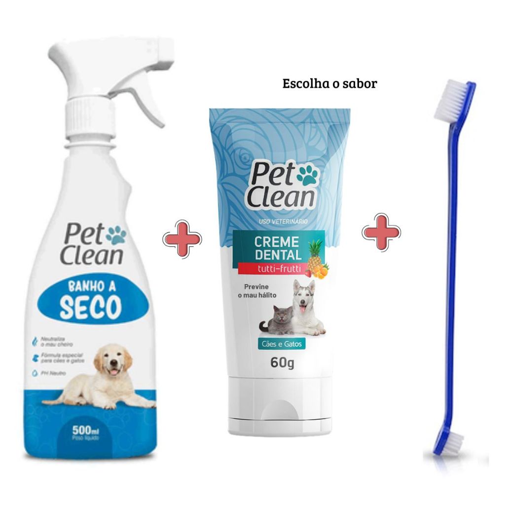 Pet Clean Kit Banho a Seco 500ml Creme Dental e Escova de Dente para Cachorros e Gatos em Oferta na Shopee