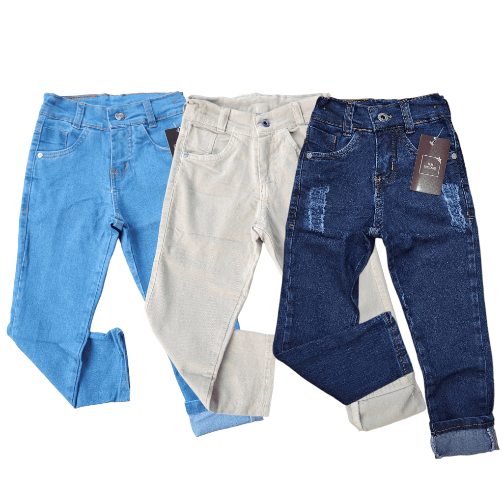 Kit 3 Calças Infantil Jeans Menino Claro Escuro e Cáqui 1 ao 10 anos Masculino Bege