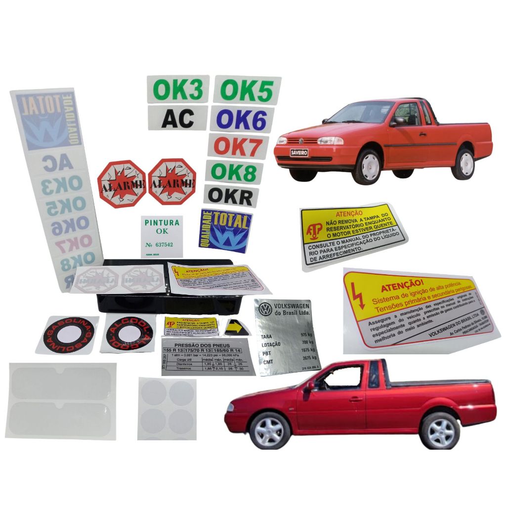 KIT 22 ADESIVOS SAVEIRO BOLA G2 LINHA MI 1.6, 1.8, 2.0 / 97 A 2000 / KIT COMPLETO SELOS INFORMATIVOS