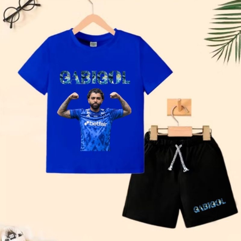 Conjunto infantil menino camiseta algodão e bermuda moletom, casual e básico verão, estampa Gabigol cruzeiro em DTF