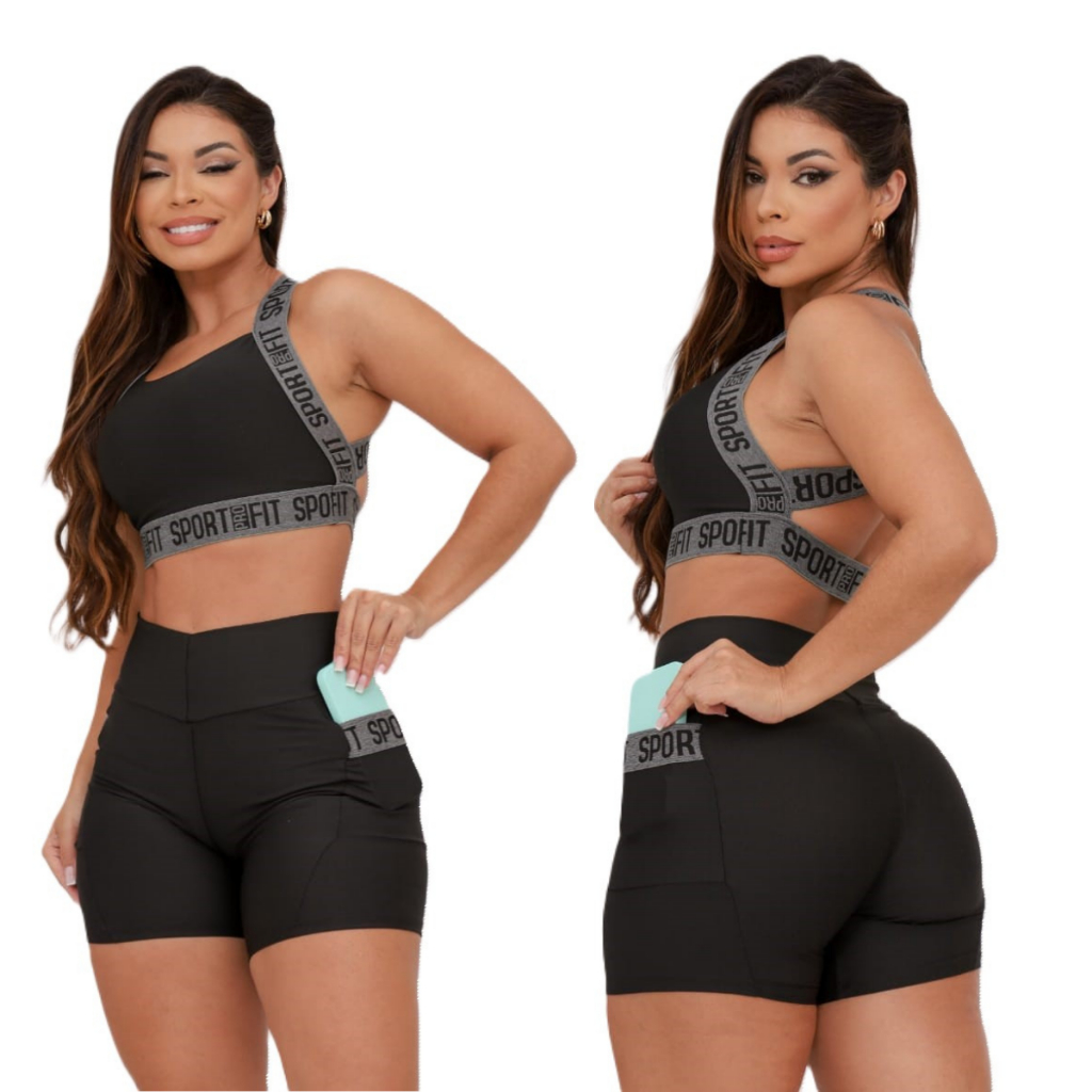 Conjunto Short Com Bolso e Top Academia Feminino Suplex
