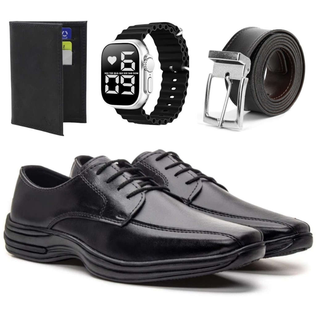Kit Sapato Social Masculino Casual Bico Quadrado Confort + Cinto+ Carteira + Relogio em Oferta na Shopee