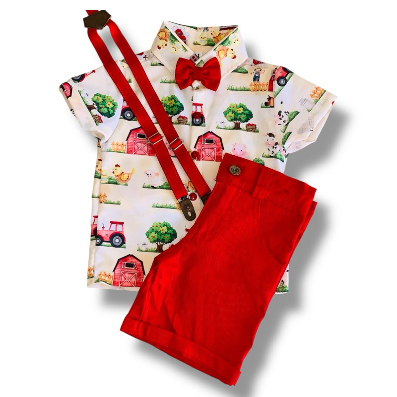 Conjunto Temático Infantil FAZENDINHA Menino Camisa Festa Aniversário Bermuda Suspensórios SAFARI