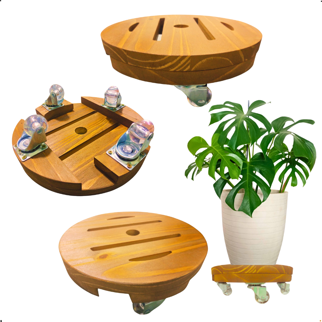 Suporte Para Vasos Plantas Madeira Com Rodinhas De Silicone Gel Rodizíos 30 Cm